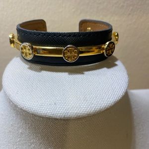 Tori Burch Saffiano Leather Cuff Bracelet Black Gold and Tan Excellent Condition